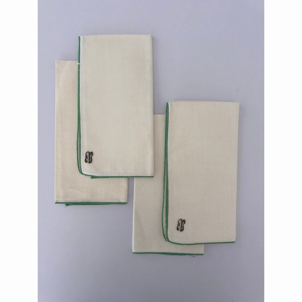 Vintage Bucilla Linen Dinner Napkins Set 4 Green Edging Trim Mid Century Table